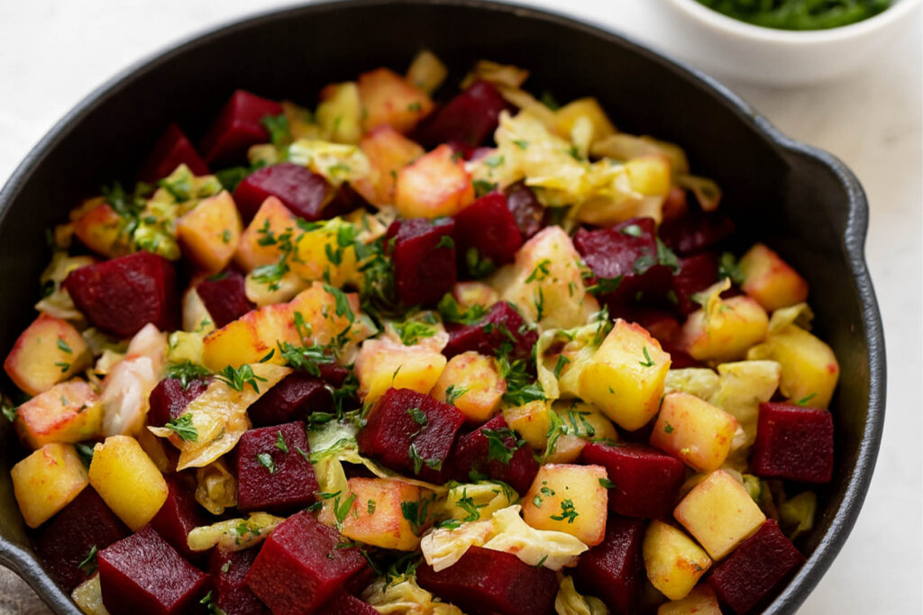 Bunte Gemüsepfanne mit Randig, Kartoffeln und Weißkraut