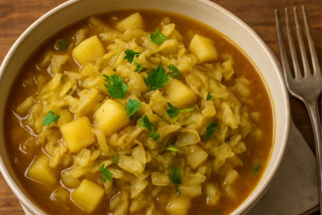 Geschmorter Frühkraut-Eintopf mit Kartoffeln und Kümmel