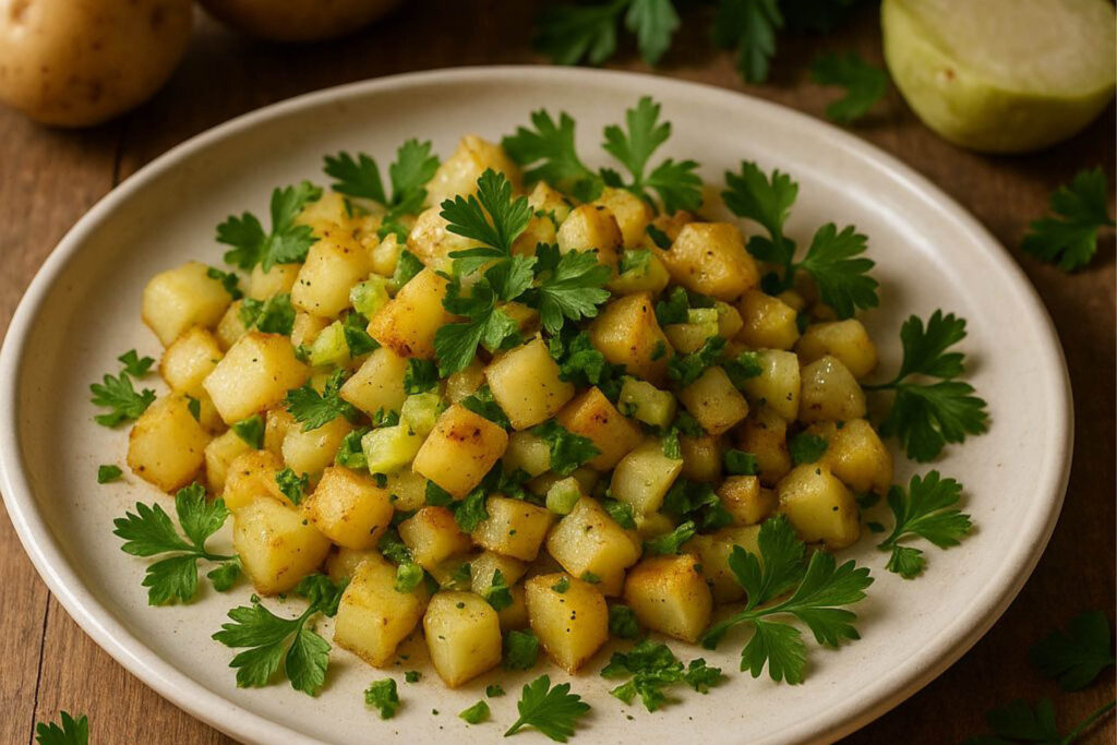 Kartoffel-Kohlrabi-Pfanne mit Petersilie und Sellerie
